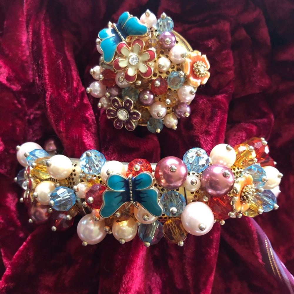 Chunky Enamel Butterfly and Flower Stretch Bracelet and Ring Set
